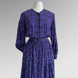 Vintage HOLT RENFREW Silk Floral Print Button Front Purple & Black Dress